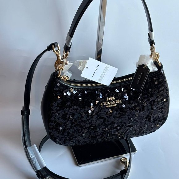 COACH CO951 Teri Shoulder Bag In Sequins And Smooth Leather Gold/Black - Picture 2 of 15